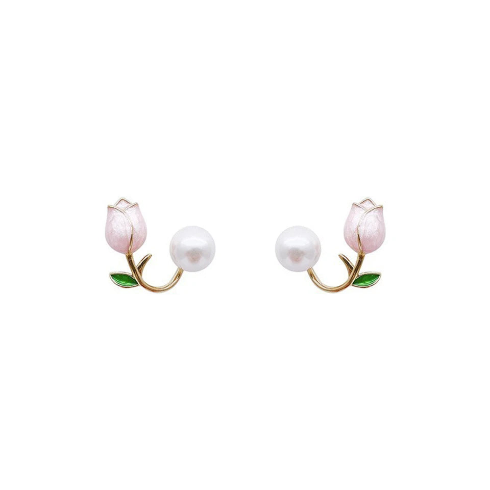 ZAKOL Fresh Rose Stud Earrings with Imitation Pearl Sweet Pink Tulip Earrings Exquisite New Accessories for Women Trendy Jewelry