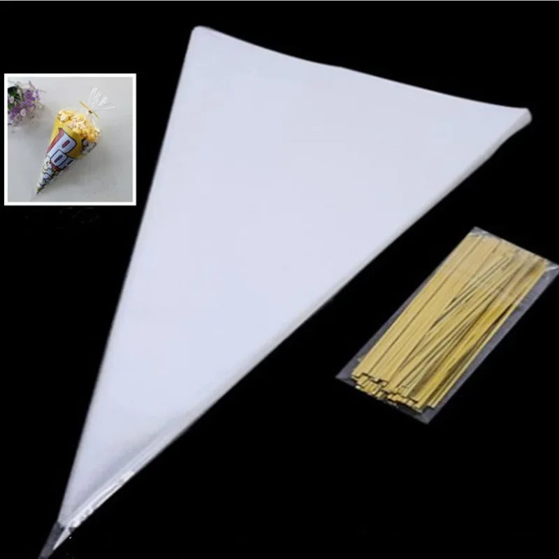 50/100pcs Candy Bags Cellophane Popcorn Bags Cone Cookies Storage Bags with Gold Twist Ties Wedding Birthday Party Favors
