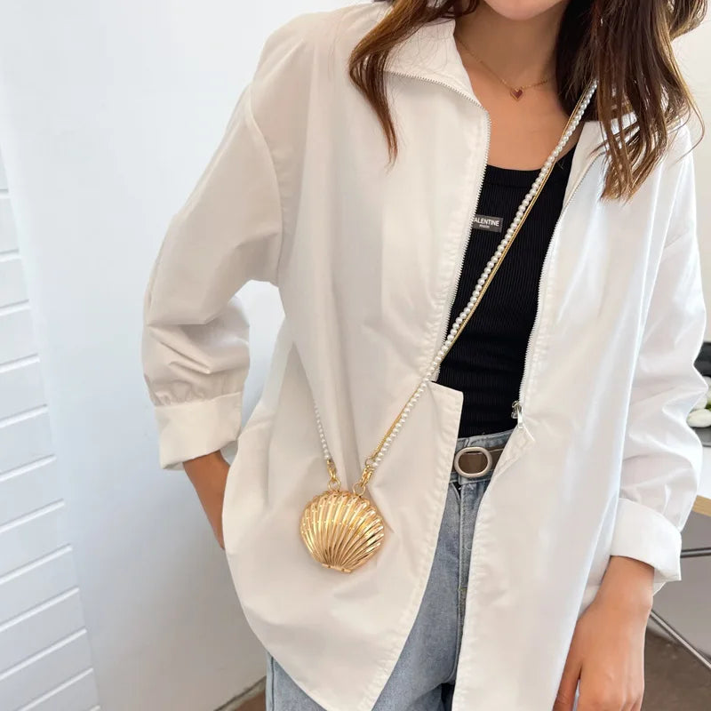 2026 New Summer Lipstick Bags for Women Fashion Pearl Mini Purse Crossbody Bag High Quality Gold Shell Bag Designer Shoulder Bag