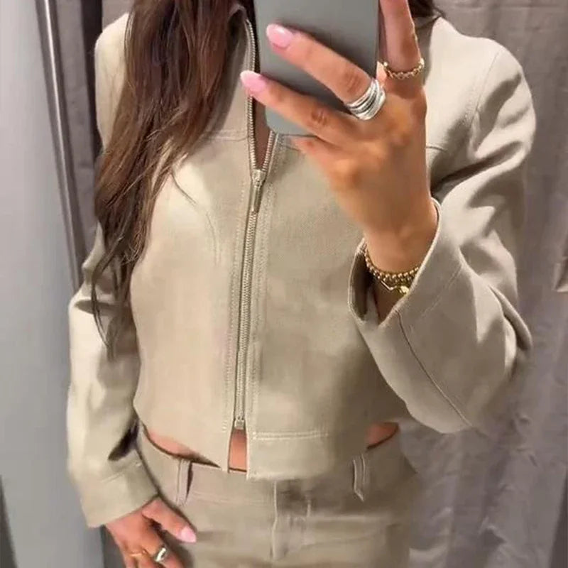 Casual Trousers Set Women Cotton Linen Lapel Zippers Crop Top Straight Pants Sets Lady 2026 Spring Solid Suit Woman Streetwear