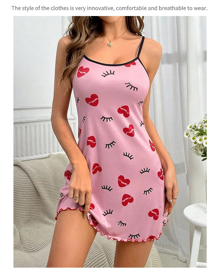 Women's Sleepwear Butterfly Print Lettuce Trim Nightdress Casual Round Neck Backless Mini Slip Dress Soft Comfortable Nightwear
