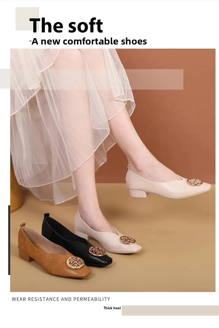 New 2025 Chinese Style Green Square Head Grandma Shoes Women's Thick Heel Slip-On Soft Bottom Mom Shoes Synthetic Upper