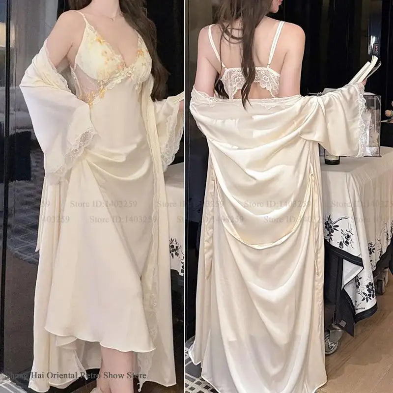 Patchwork Lace Female Long Twinset Robe Set Sexy Lingerie Nightgown Home Dress Elegant Ice Silk Kimono Gown Bathrobe Sleepwear