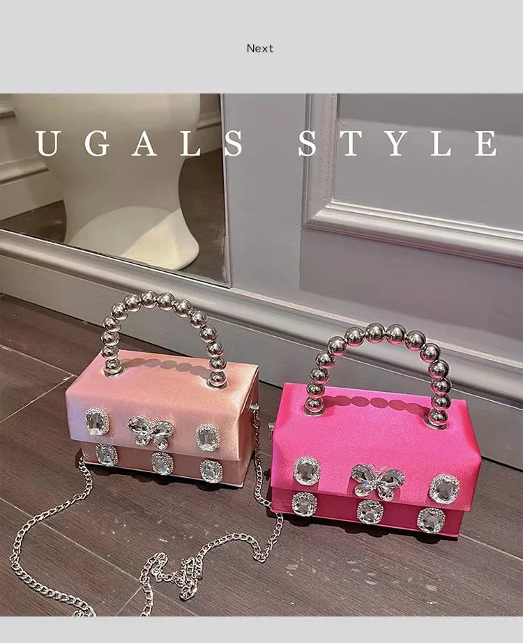 Luxury Designer Satin Square Box Crystal Shiny Diamonds Evening Bag Women's Handbag Wedding Party Clutch Purse Crossbody Bag