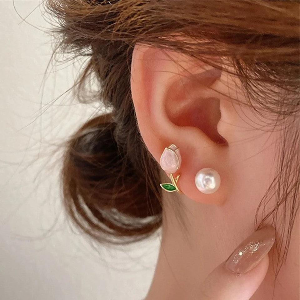 ZAKOL Fresh Rose Stud Earrings with Imitation Pearl Sweet Pink Tulip Earrings Exquisite New Accessories for Women Trendy Jewelry