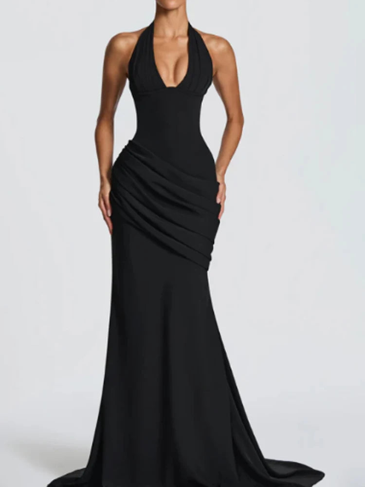 Sexy Yellow Mermaid Maxi Dress Halter Plunging V Neck Pleated Bust Ruched Waist Bodycon Dresses Trendy Social Gathering Vestido