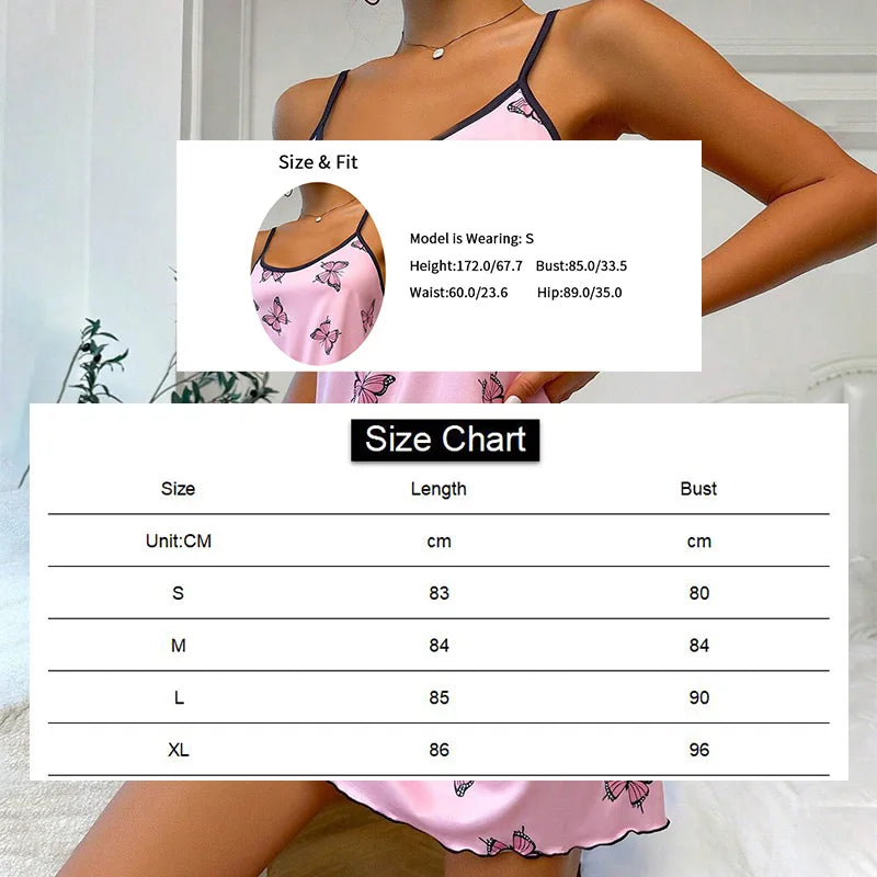 Women's Sleepwear Butterfly Print Lettuce Trim Nightdress Casual Round Neck Backless Mini Slip Dress Soft Comfortable Nightwear