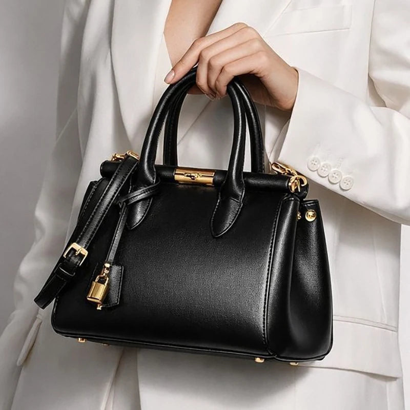 Brand Luxury Leather Handbag Large-capacity Briefcase With Gold Clasp Women Elegant Shoulder Crossbody Bag Clip Design Tote Bag