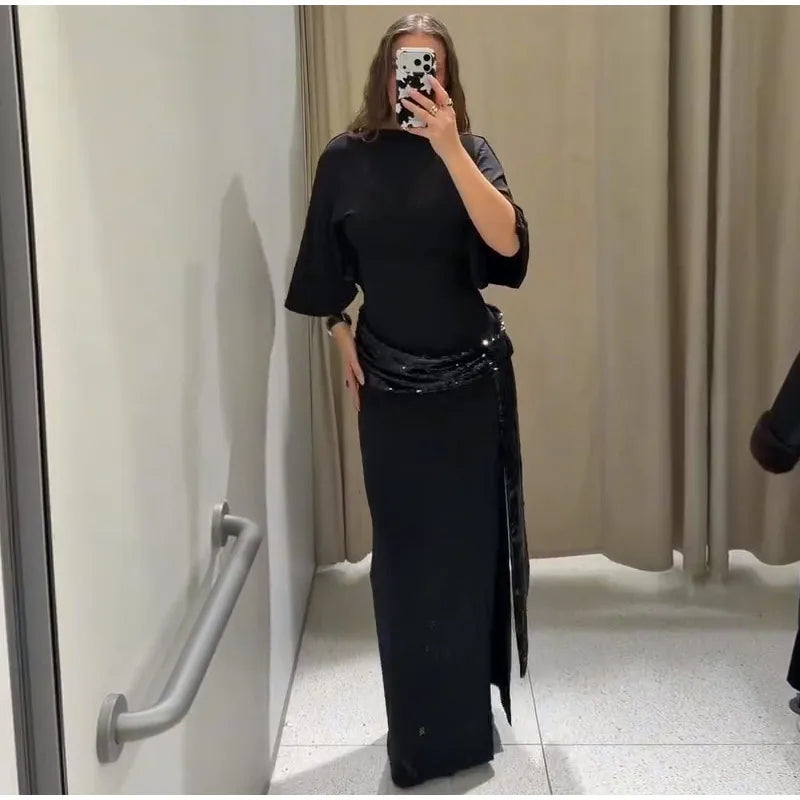 Sequined Patchwork Evening Dress Women Sexy Backless Half Sleeve Slim Hip Package Long Dresses Fashion Elegant Party Robes Lady