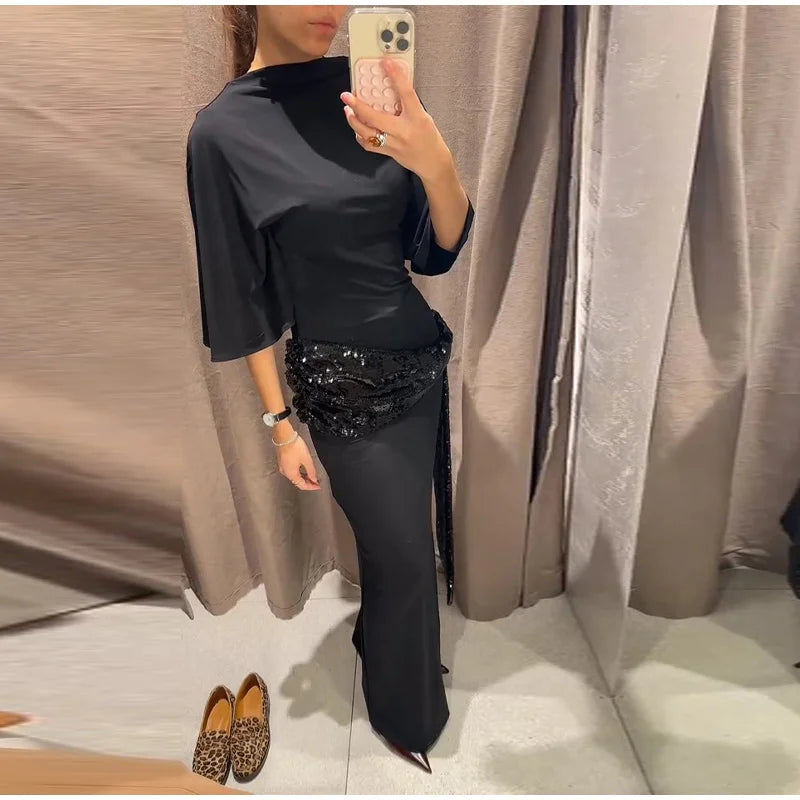 Sequined Patchwork Evening Dress Women Sexy Backless Half Sleeve Slim Hip Package Long Dresses Fashion Elegant Party Robes Lady