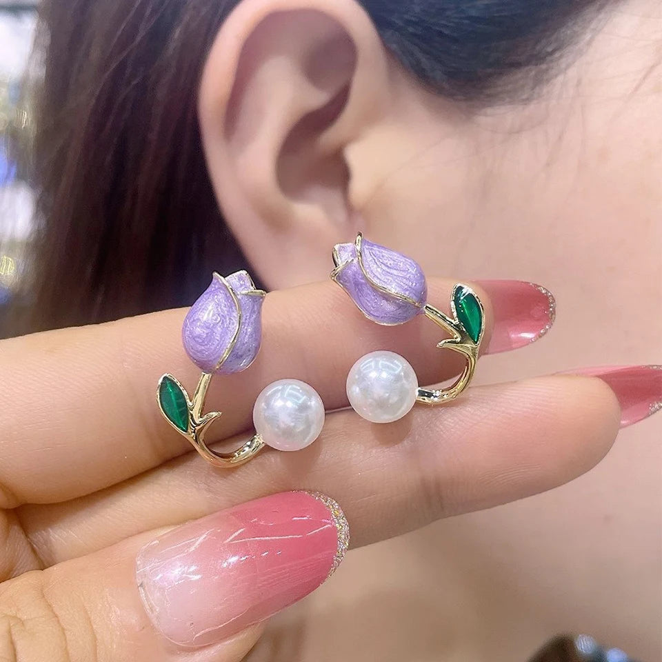 ZAKOL Fresh Rose Stud Earrings with Imitation Pearl Sweet Pink Tulip Earrings Exquisite New Accessories for Women Trendy Jewelry