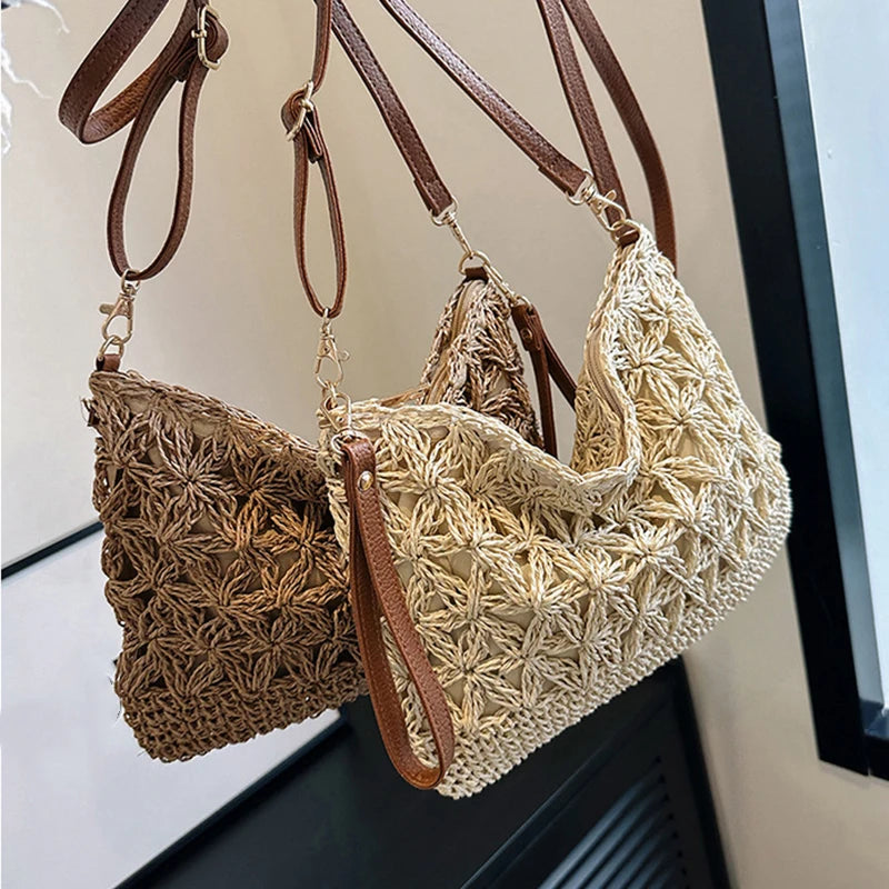 Summer Beach Women Straw Rattan Weave Shoulder Crossbody Bag Hollow Design Female Retro Daily Messenger Handbag