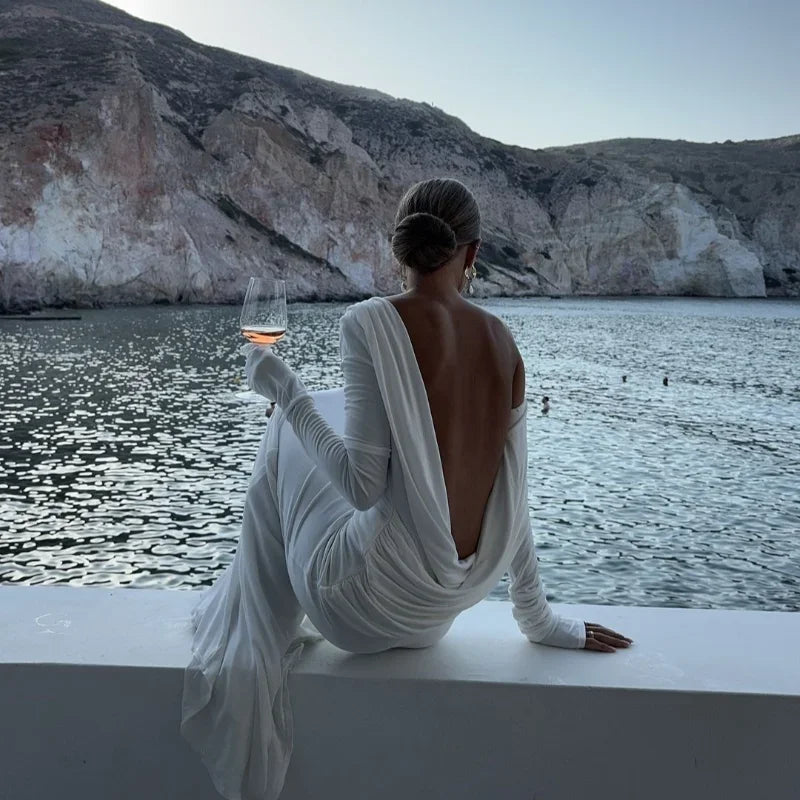Chic Backless White Long Sleeved Slim Fit Dress for Women Pleated Elegant Round Neck Long Dresses New Female Evening Gowns