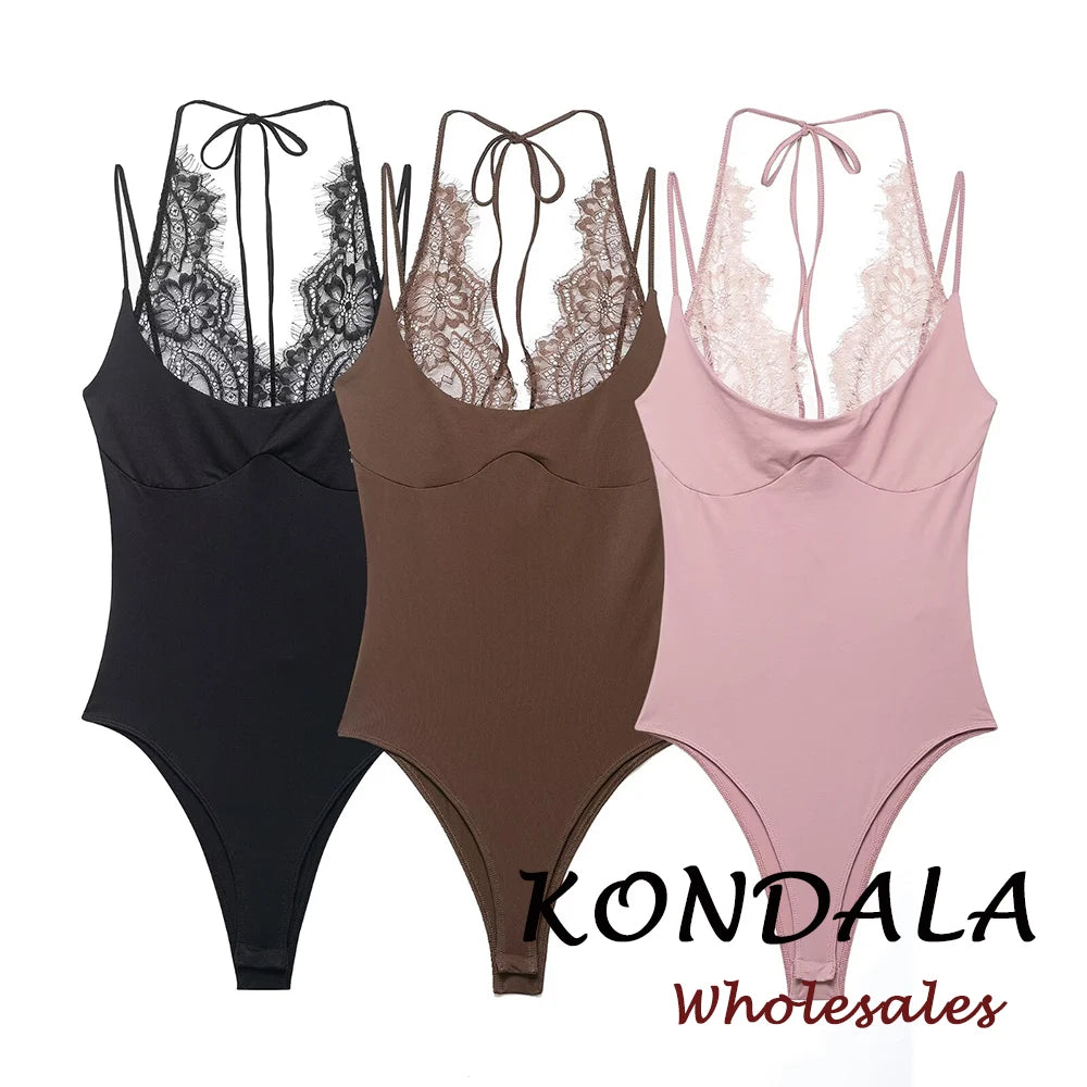 KONDALA Woman Sexy Night Party Pink Bodysuits Patchwork Lace Sleeveless Streetwear Slim Bodysuits Fashion Mujer Sheath Tops