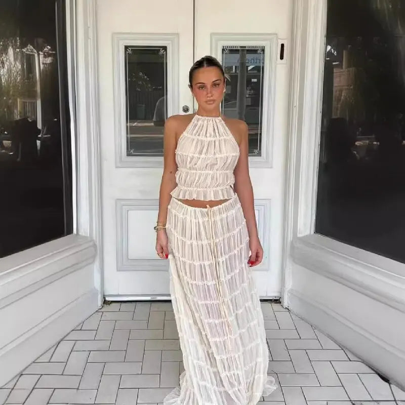 Summer new sexy halter top with exposed back and camisole, pleated lace vest, long skirt set