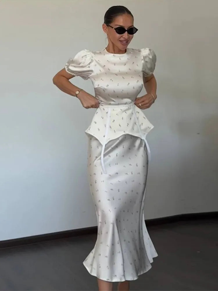 Women's White Floral Print Puff Sleeve Dress With Waistband Fashion Satin Ruffled Hem Maxi Dress