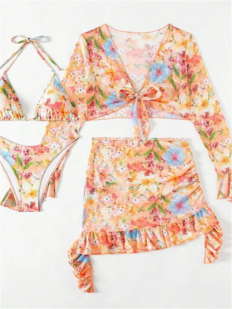 4 Piece Bikini Set Women Orange Floral Print Long Sleeve Mesh Cover Up Ruffle Skirt Swimsuit 2024 Sexy Bathing Suit Swimwear