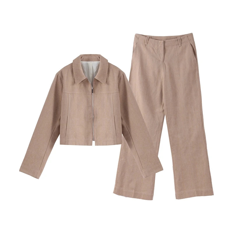 Casual Trousers Set Women Cotton Linen Lapel Zippers Crop Top Straight Pants Sets Lady 2026 Spring Solid Suit Woman Streetwear