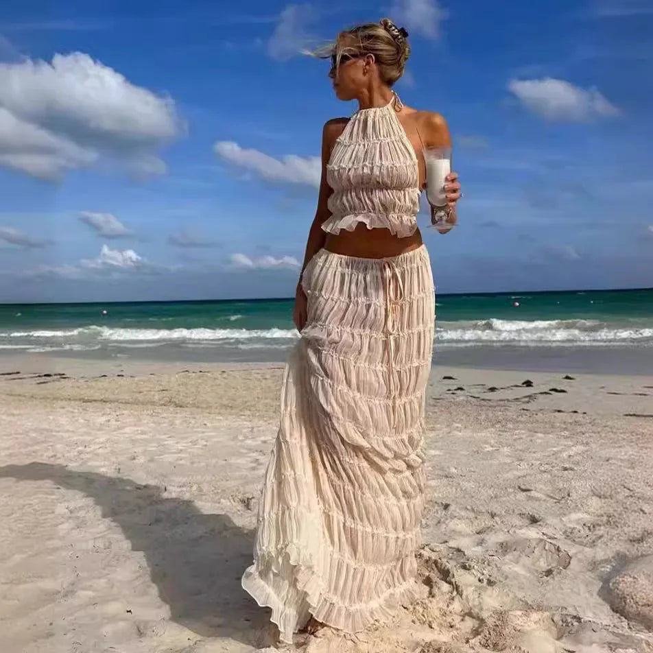 Summer new sexy halter top with exposed back and camisole, pleated lace vest, long skirt set