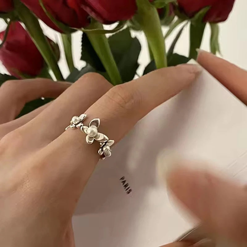PANJBJ 925 Sterling Silver Pearl Irregular Ring for Women Shell Overlapping Hollow Sweet Design Jewelry Gift Dropshipping