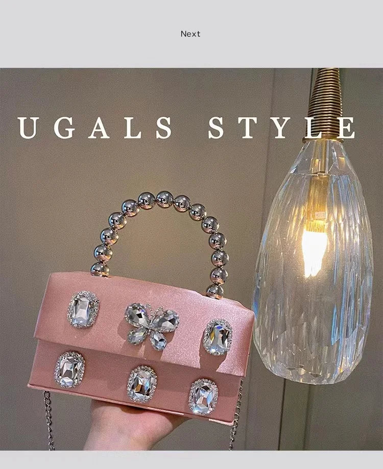 Luxury Designer Satin Square Box Crystal Shiny Diamonds Evening Bag Women's Handbag Wedding Party Clutch Purse Crossbody Bag