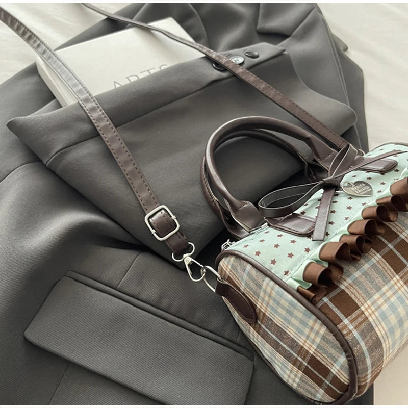 Korean Bow Pillow Bag Women Star Checkered Handbag Blue Brown Pleated Edge Shoulder Bag Cute Heart-shaped Pendant Crossbody Bag