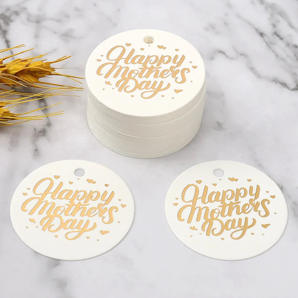 50pcs Happy Mother's Day Gift Tags Bronzing White Paper Cards Mother Mum Mommy Gifts Bags Boxes Decoration Product Hang Tag