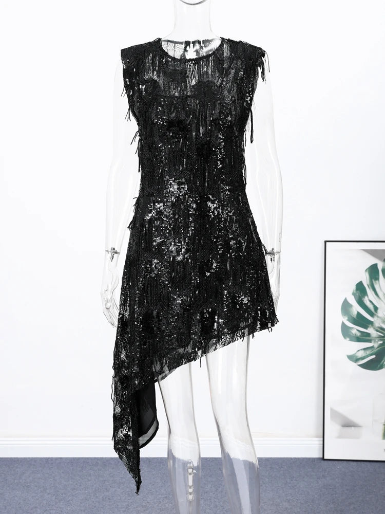 Women Dress Female Clothing Evening Dresses Sleeveless Sequin Dress Sexy Mini Dresses Fringe Hem Gown Trendy Party Clothes