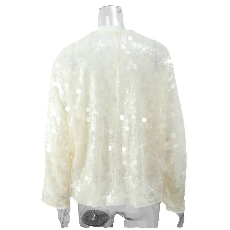 Fashion Women Sequined Lace Up Looseen Shirt Casual Female Long Sleeves V Neck Blouse 2025 Chic Female Spring Commute Streetwear