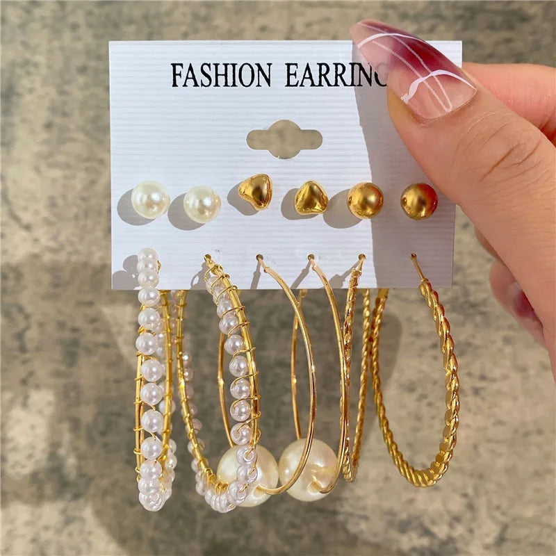Silver Color Twist Hoop Earrings Set Brincos Heart Pearl Hoops Vintage Metal Geometric Earrings for Women 2023 Trendy Jewerly