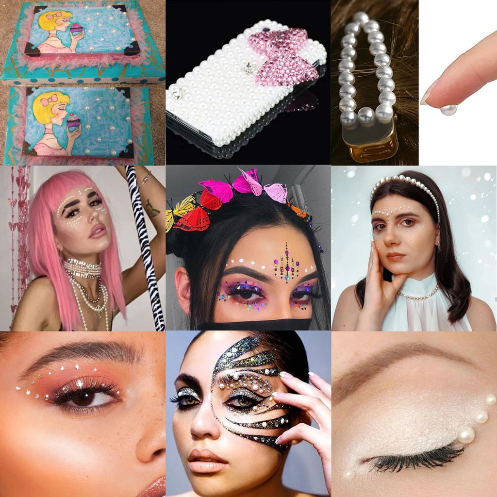 3D Eyes Face Makeup Temporary Tattoo Self Adhesive Beauty White Pearl Jewels Stickers Festival Body Art Decorations Nail Diamond