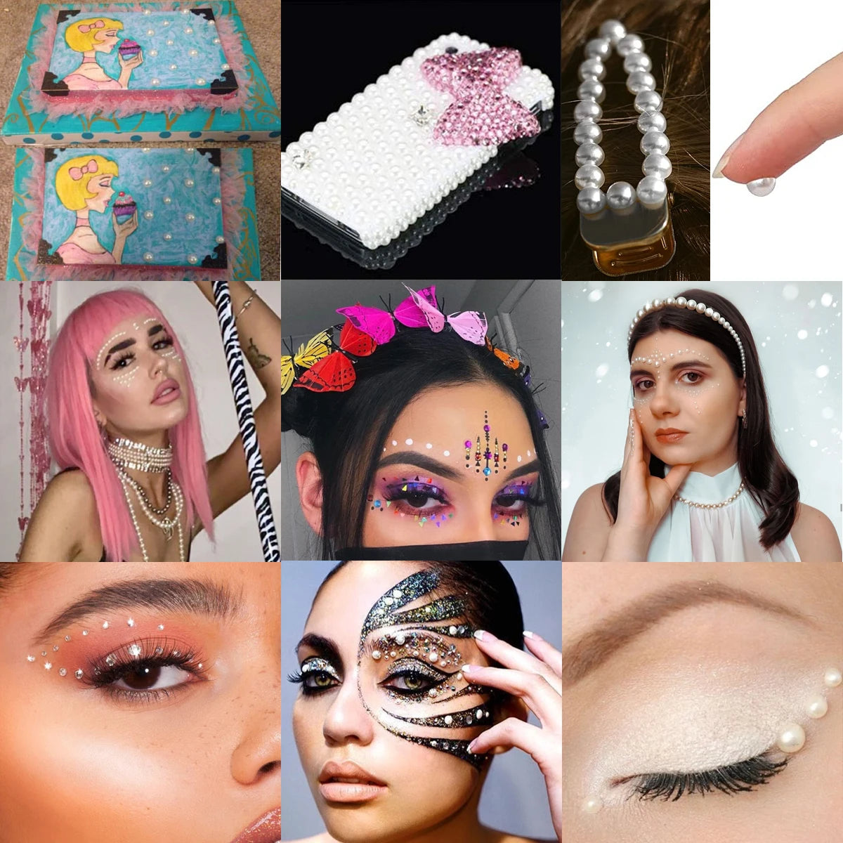 3D Eyes Face Makeup Temporary Tattoo Self Adhesive Beauty White Pearl Jewels Stickers Festival Body Art Decorations Nail Diamond