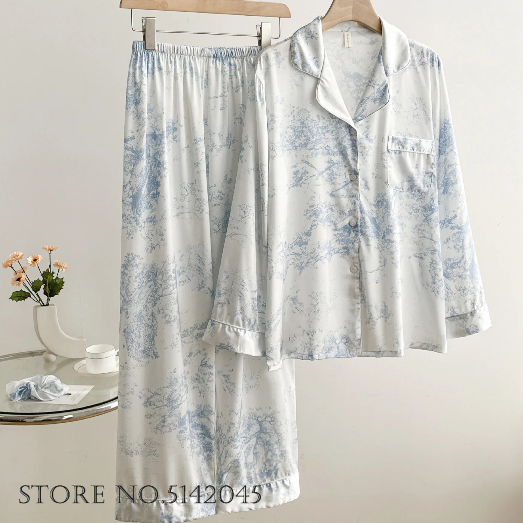Women Sleepwear 2PCS Pajamas Set Sexy Print Flower Long Sleeve Trouser Suits Loungewear Loose Casual Satin Home Clothes Pyjama