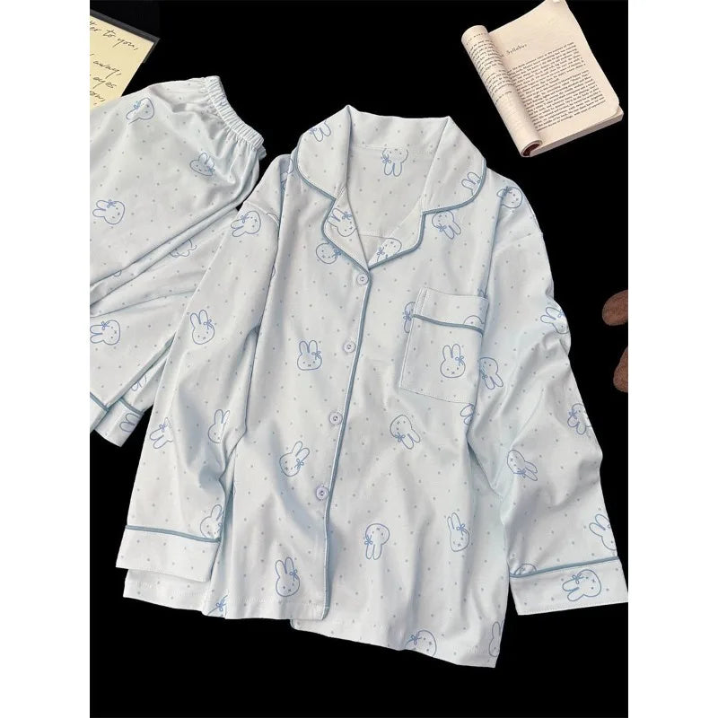 Cute Miffy Sleepwear Set for Women Soft Cotton Long Sleeve Pajamas with Adorable Rabbit Cozy Home Clothes Spring & Autumn