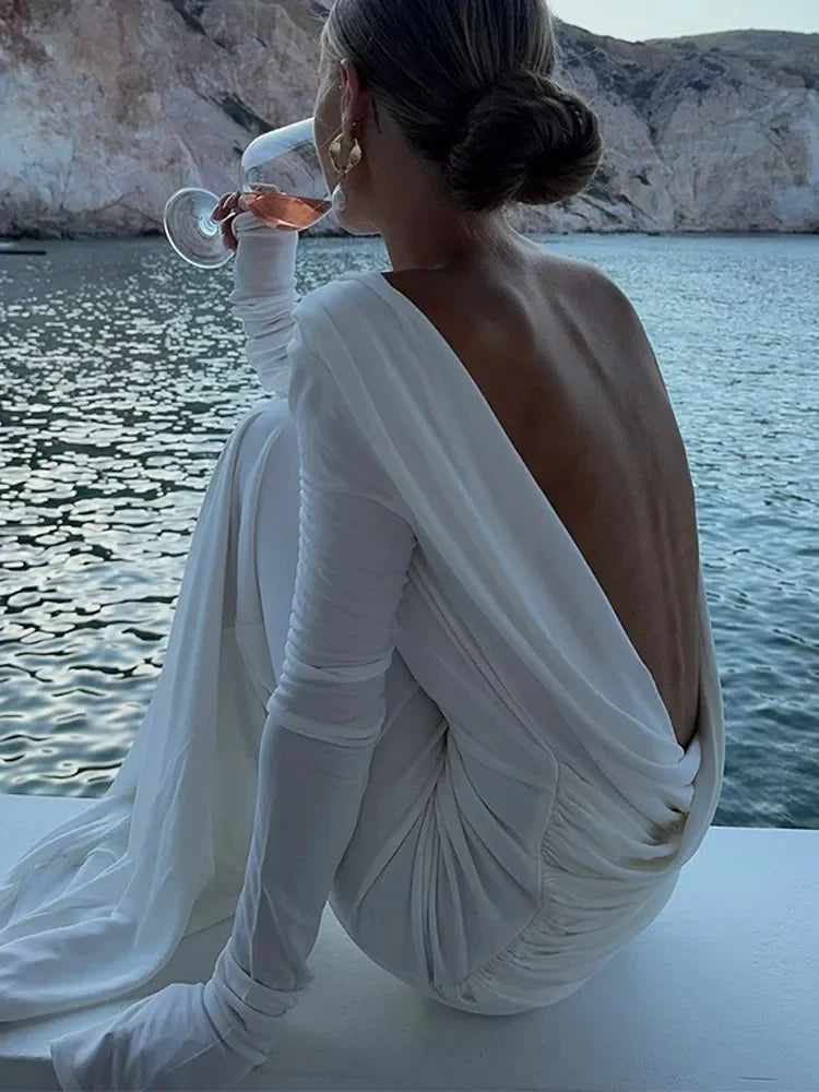 Chic Backless White Long Sleeved Slim Fit Dress for Women Pleated Elegant Round Neck Long Dresses New Female Evening Gowns