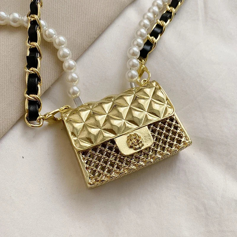 Mini Metal Shoulder Bags for Women Pearl Chain Crossbody Bag Designer Clothing Accessories Satchel Female Decorative Box Handbag