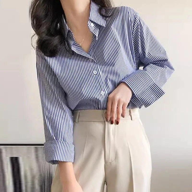 Classic Striped Woman Spring Autumn Blouses Shirt Lady Long Lantern Sleeve Stand Collar Loose Blusas Tops