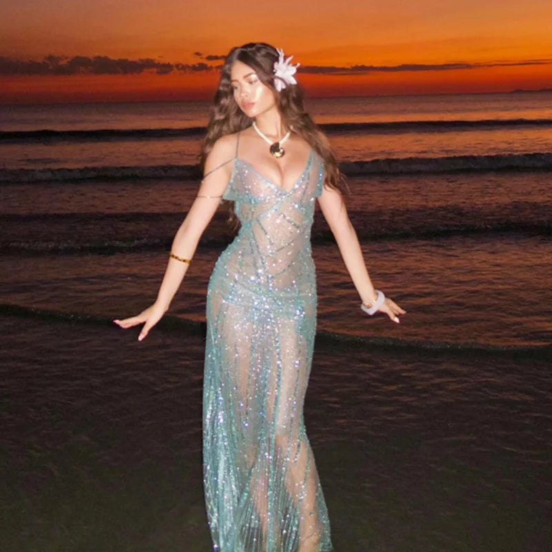 Sexy See Through Blue Sequin Dress For Woman Beautiful Sleeveless Backless V-neck Shiny Sheer Swimsuit Slim Fish Tail Vestidos