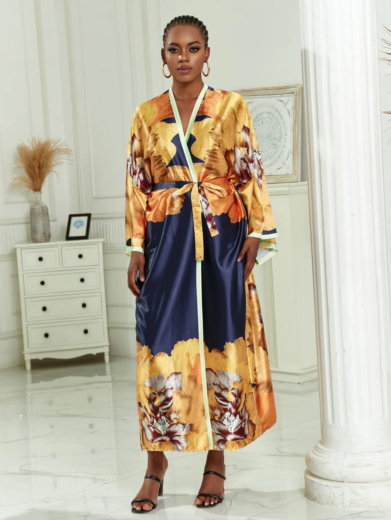 Long Kimono Bath Robe Gown Wide Sleeve Print Flower Robe Women Satin Nightgown New Silk Satin Nightdress V-Neck Lounge Sleepwear