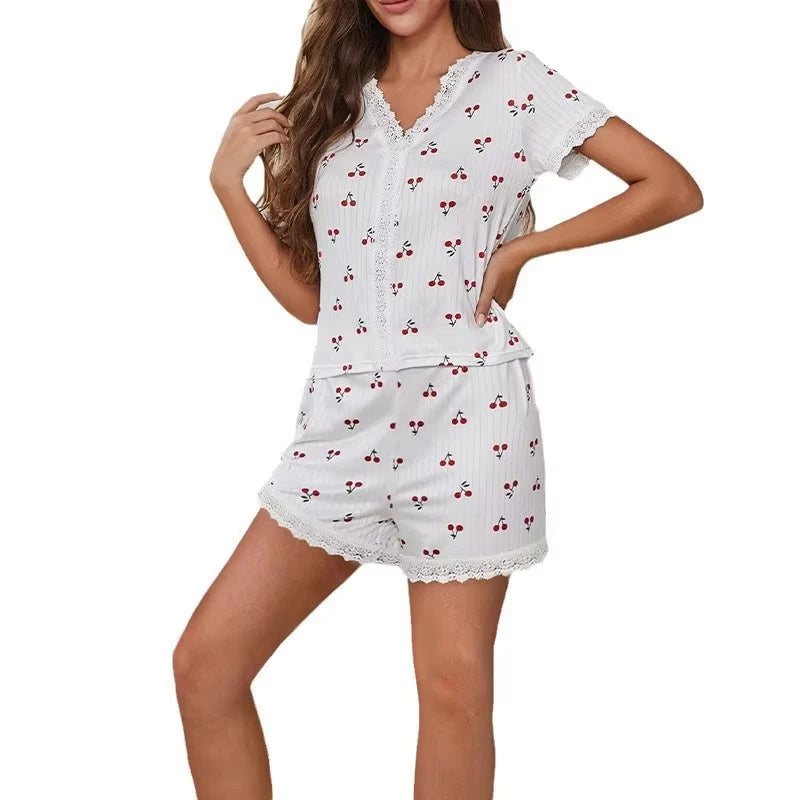 Women's Pajamas Set Cherry Print Lace Trim Sleepwear Short Sleeve V-Neck Top & Shorts Summer 2 PCS Set Cute Homewear Loungewear