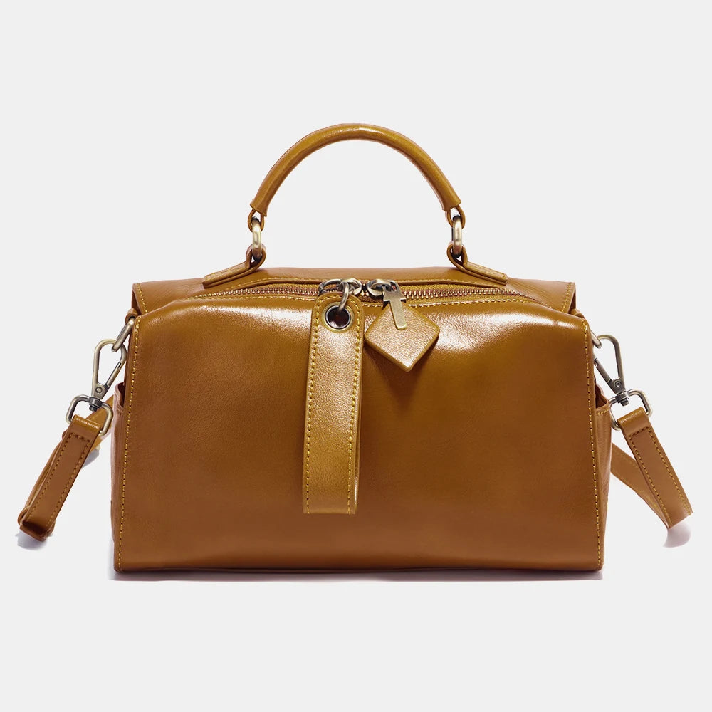 Zency Oil Wax Leather Vintage Green Handbag Women Shoulder Bag Satchel Black Wave Pattern Wide Strap Classic Boston Bag Purse