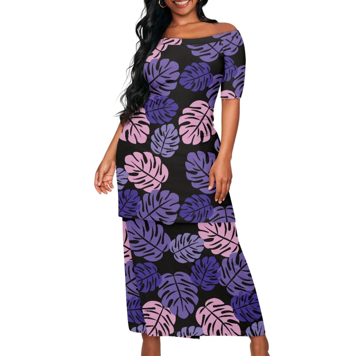 Summer Islander Women Puletasi Samoa Dresses Lady Short Sleeve Off shoulder Two Piece Set Polynesian Tribal Clothing White Print