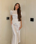 Women's White Floral Print Puff Sleeve Dress With Waistband Fashion Satin Ruffled Hem Maxi Dress
