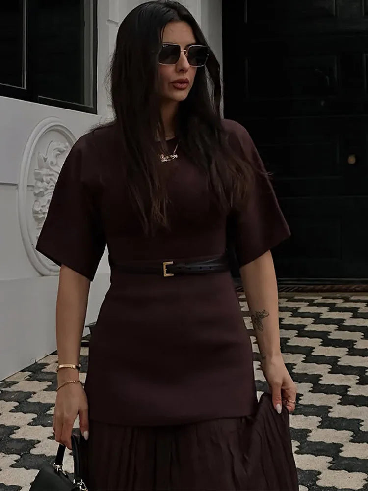 Chic Splicing Brown Half Sleeve Maxi Dress Women's Casual Pleated A-line Slim Vestidos Female Office Commute Street Robes