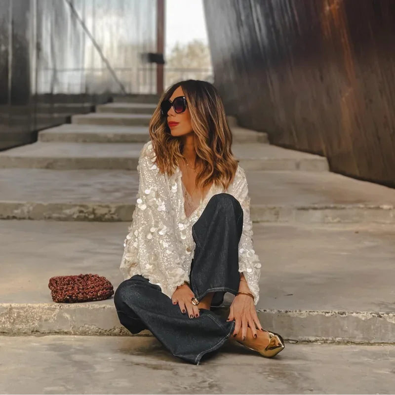 Fashion Women Sequined Lace Up Looseen Shirt Casual Female Long Sleeves V Neck Blouse 2025 Chic Female Spring Commute Streetwear