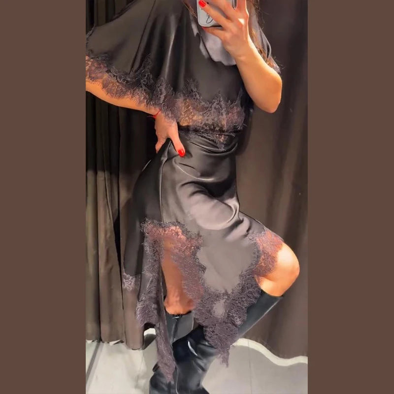 Lace Women's Dress Opening Design Solid Dress Female Sexy O-Neck Hollow Waist Elegant Party Dresses Slanted Hem Dresses Ladies