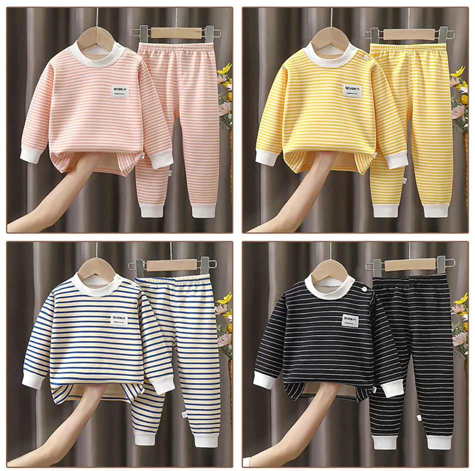 Baby Warm Clothing Set Fleece Lined Children Boys Girls Striped Underwear Sleepwear Set Ideal for Home Pajamas Autumn Winter