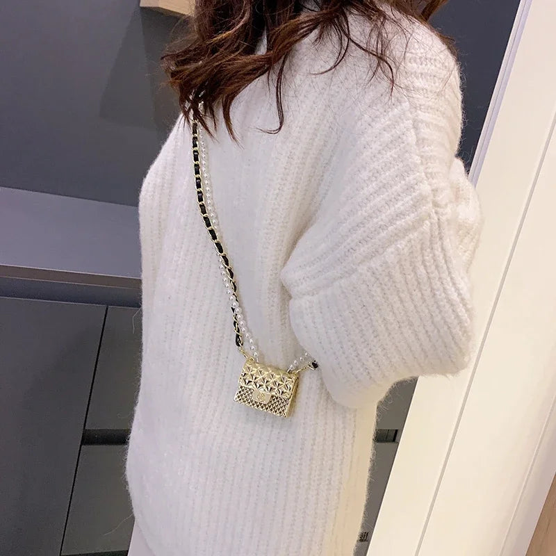 Mini Metal Shoulder Bags for Women Pearl Chain Crossbody Bag Designer Clothing Accessories Satchel Female Decorative Box Handbag