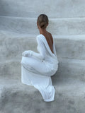 Chic Backless White Long Sleeved Slim Fit Dress for Women Pleated Elegant Round Neck Long Dresses New Female Evening Gowns