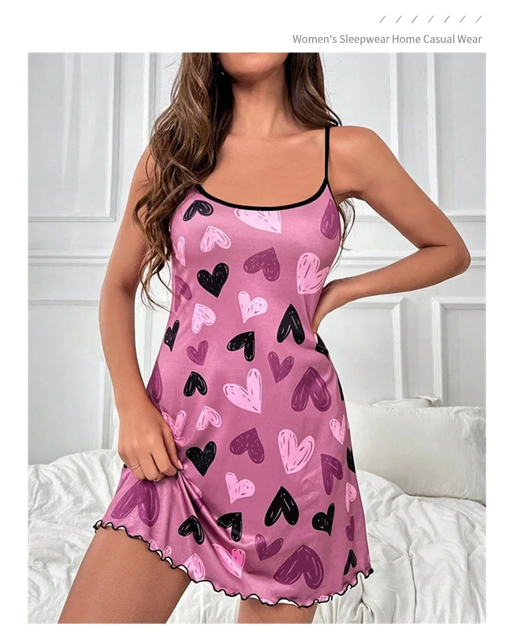 Women's Sleepwear Butterfly Print Lettuce Trim Nightdress Casual Round Neck Backless Mini Slip Dress Soft Comfortable Nightwear